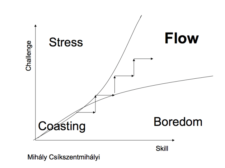Flow: Where challenge and skill levels are high. 