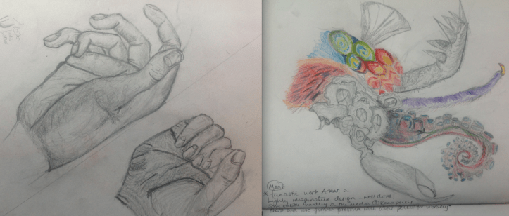 Year 8 drawing skills. The student then developed the idea further, mixing colour with pencil. 