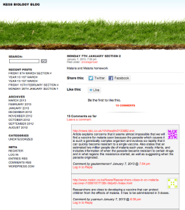 The KEGS Biology blog where students write-up lesson notes with links.