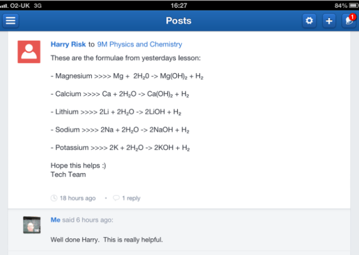 Chemical equations shared on Edmodo after an early chemistry lesson