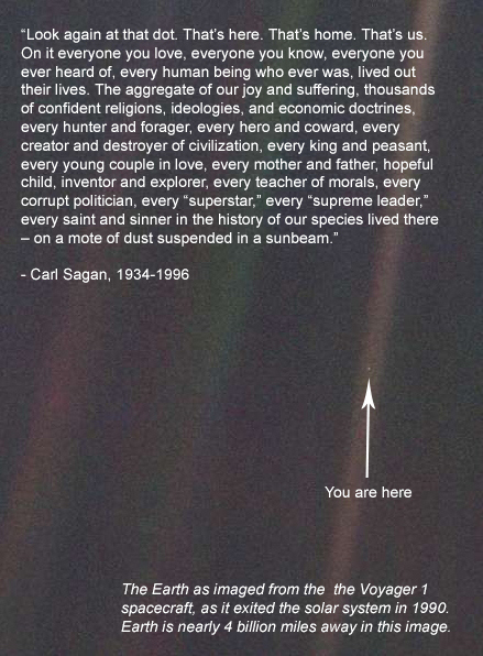 The Carl Sagan view of Earth; humanity alone on a lonely planet.