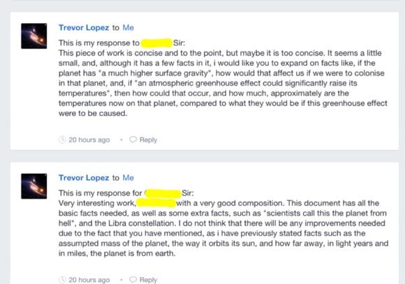 Sample of student feedback on Edmodo