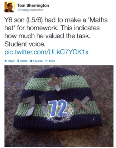 My tweet about the Maths Hat homework.