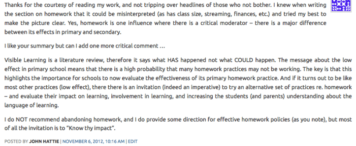 John Hattie's comment.