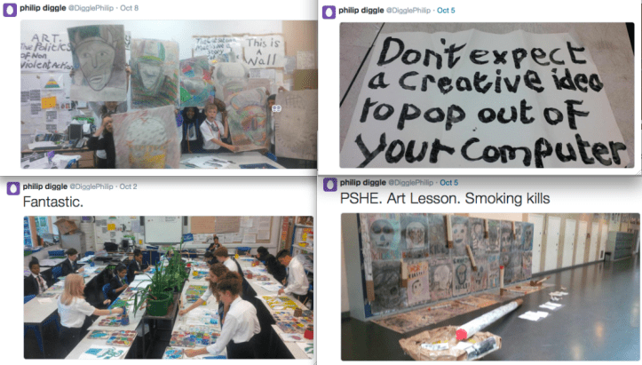 Phil's tweets from his classroom. Students love the slogan backdrop. 